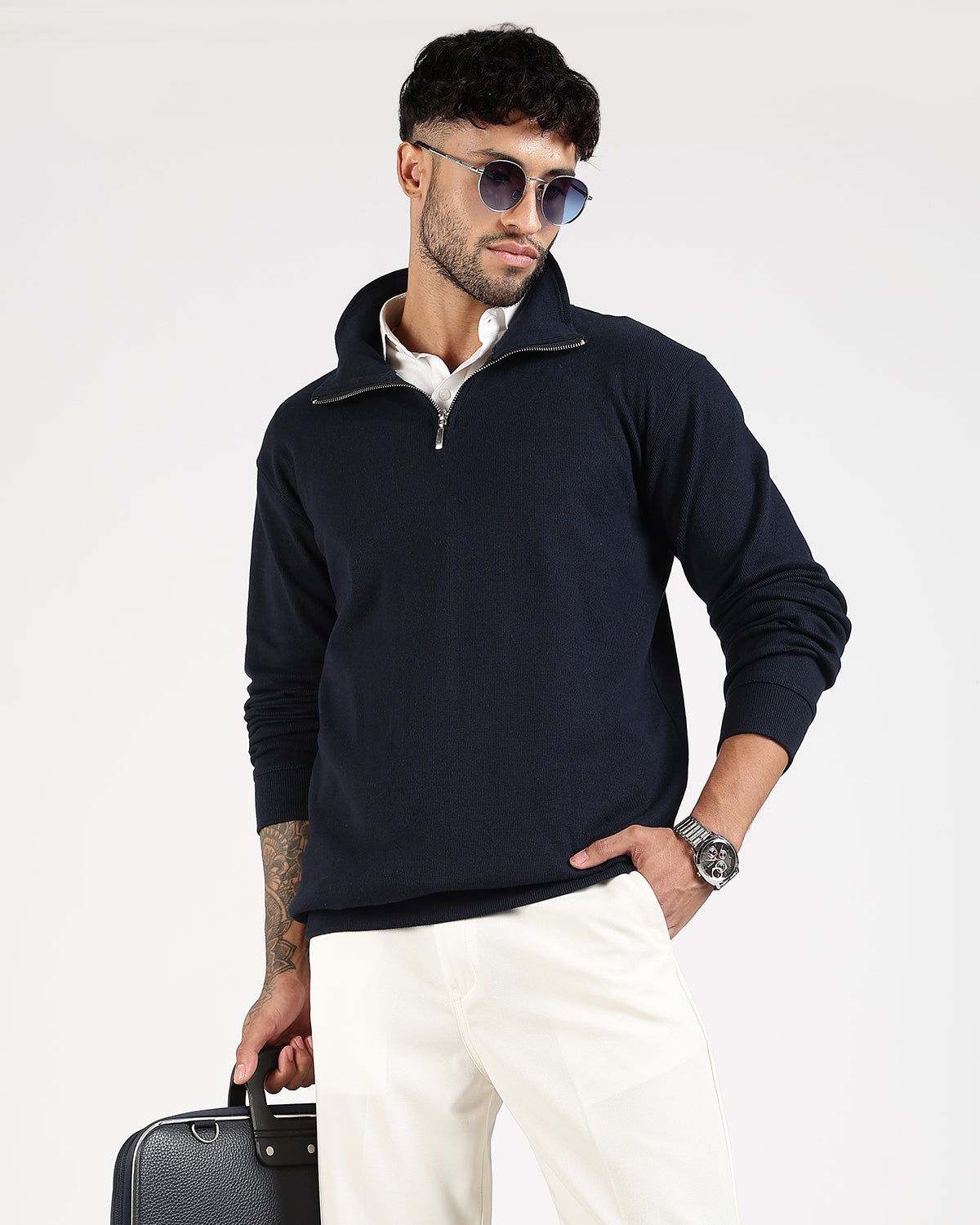 Regular Fit Quarter Zip Sweatshirt - Navy Blue