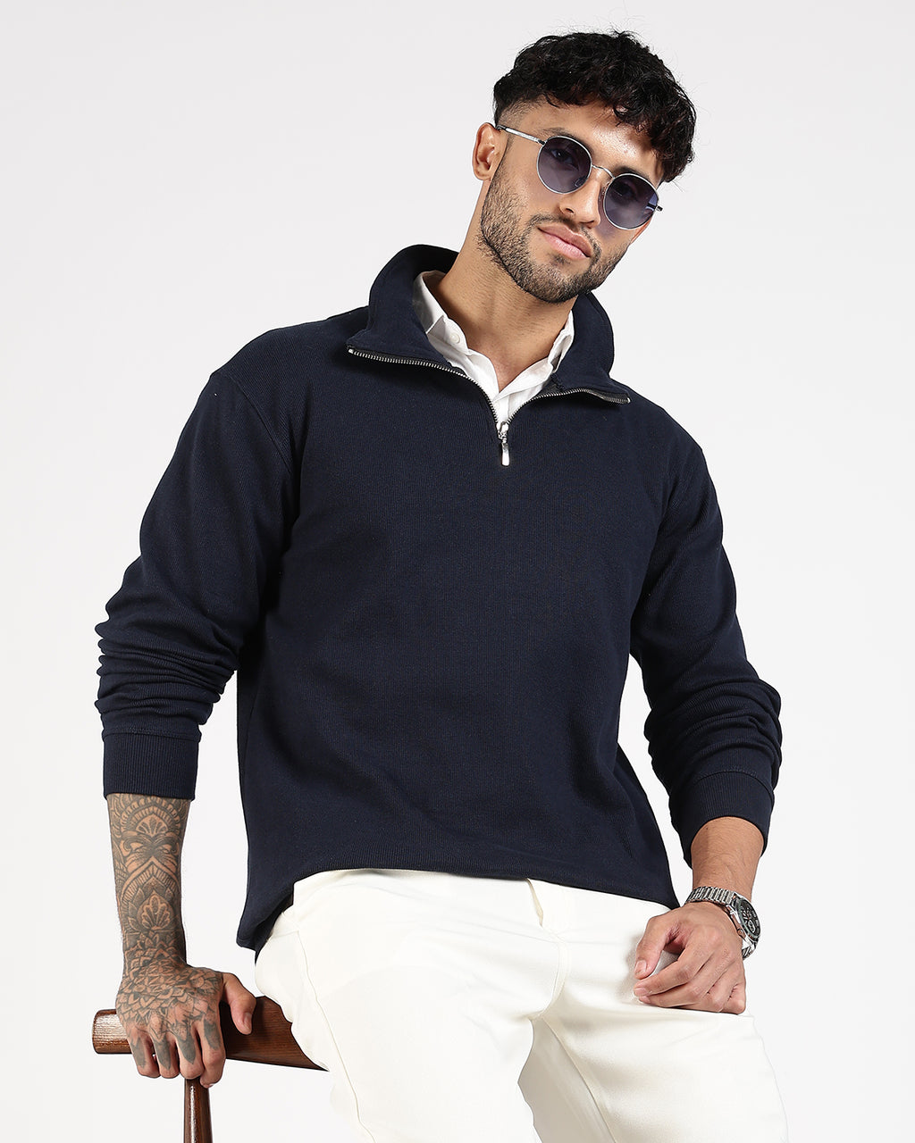Regular Fit Quarter Zip Sweatshirt - Navy Blue