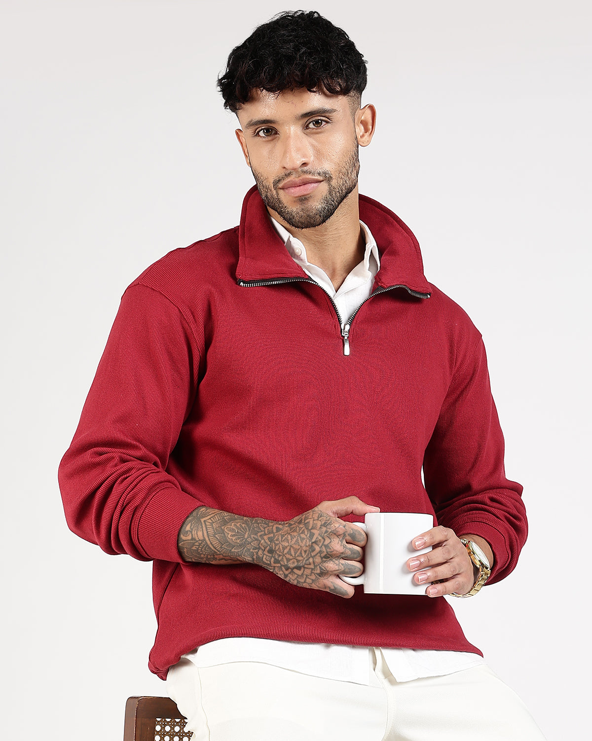 Regular Fit Quarter Zip Sweatshirt - Red