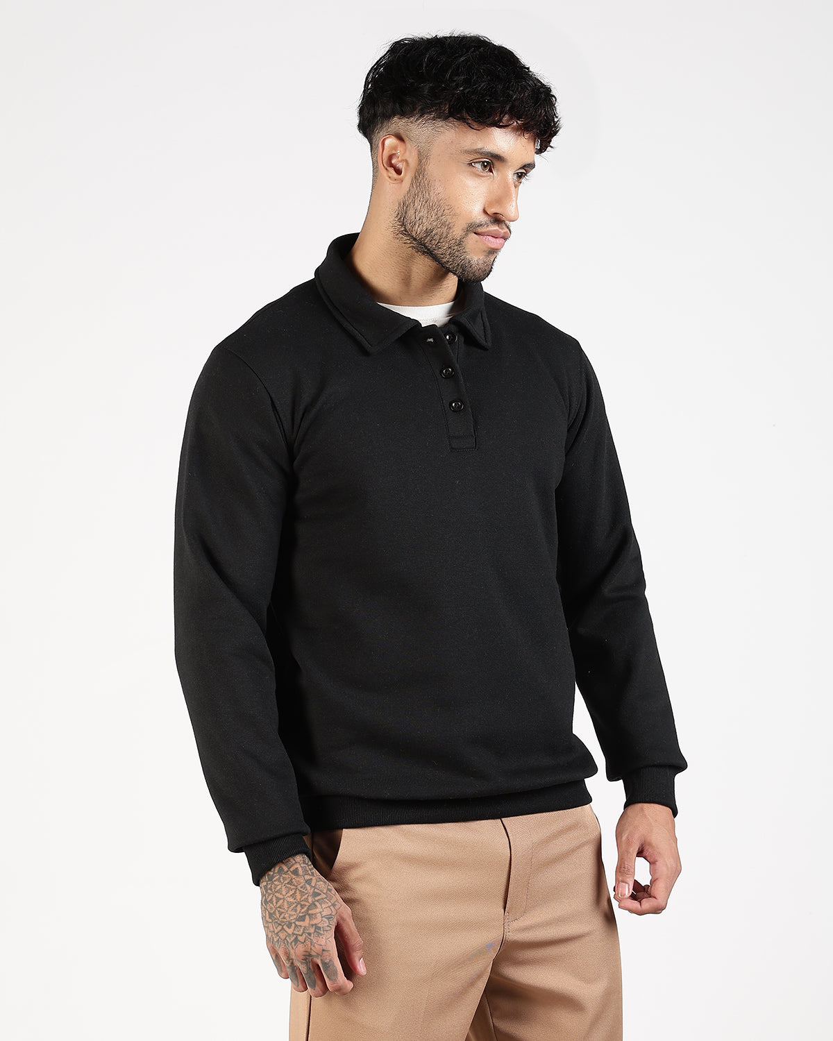 Relaxed Fit Buttoned Sweatshirt - Black