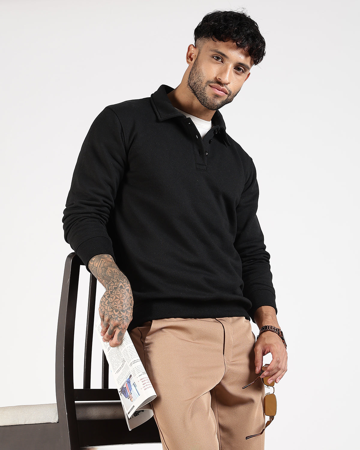 Relaxed Fit Buttoned Sweatshirt - Black