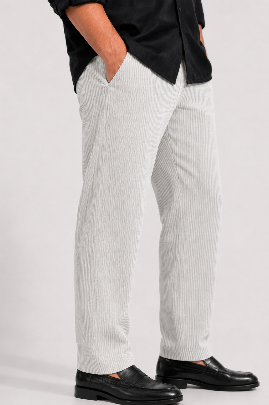 Relaxed Fit Linen Stripe Pants - Light Grey