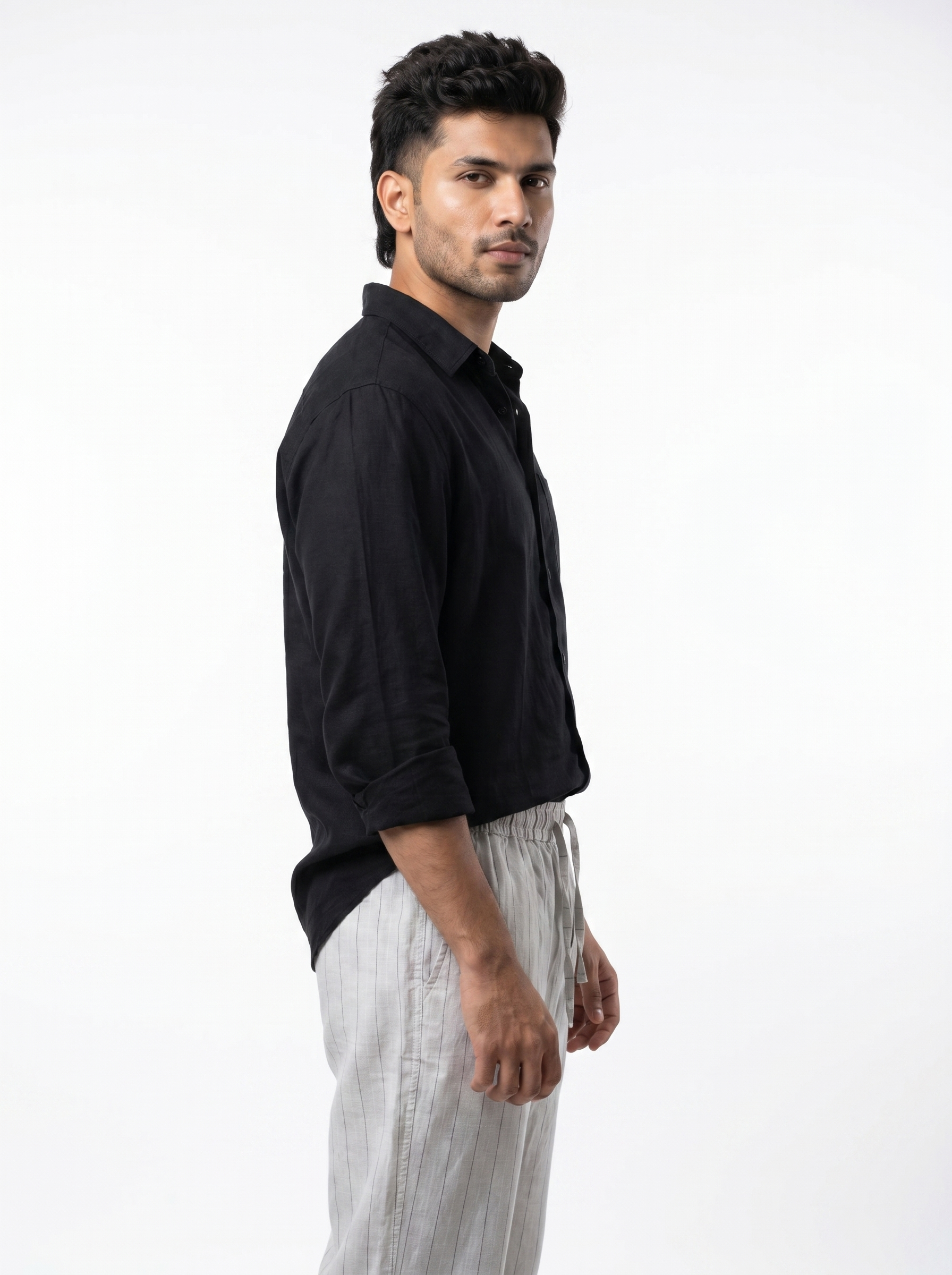 Relaxed Fit Linen Stripe Pants - Grey