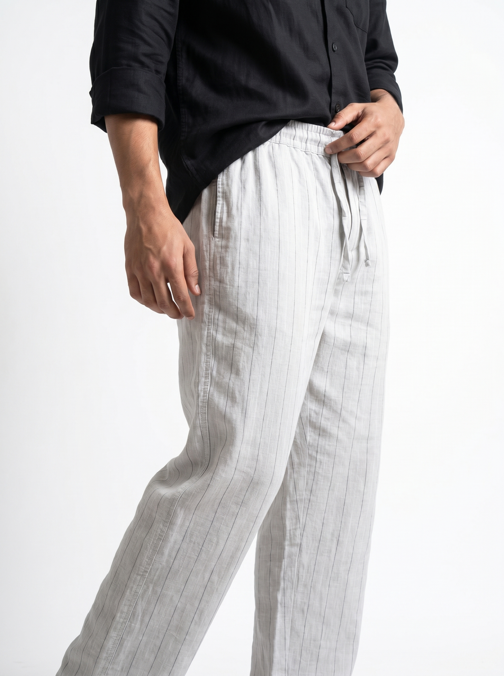 Relaxed Fit Linen Stripe Pants - Grey