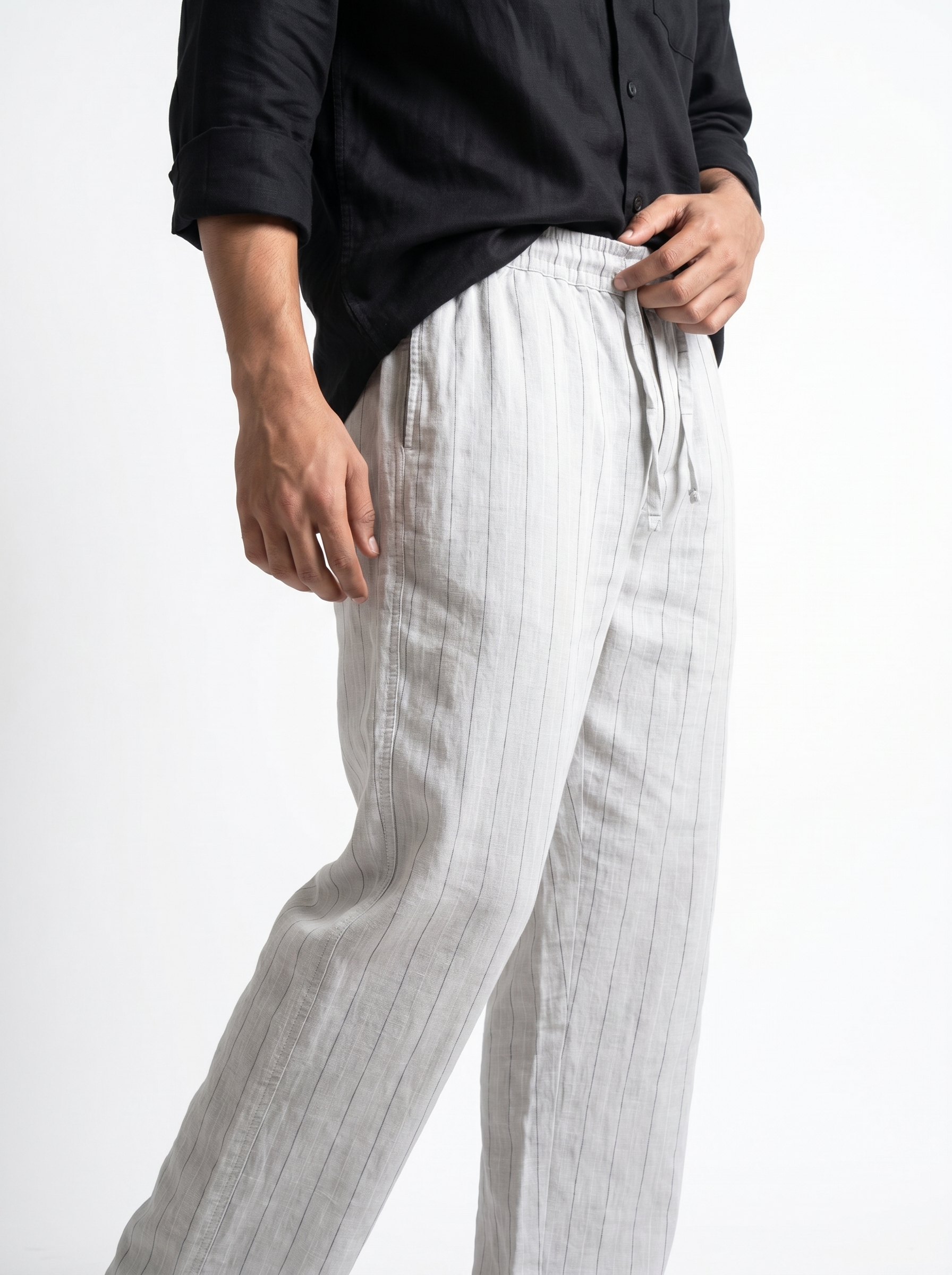 Relaxed Fit Linen Stripe Pants - Grey