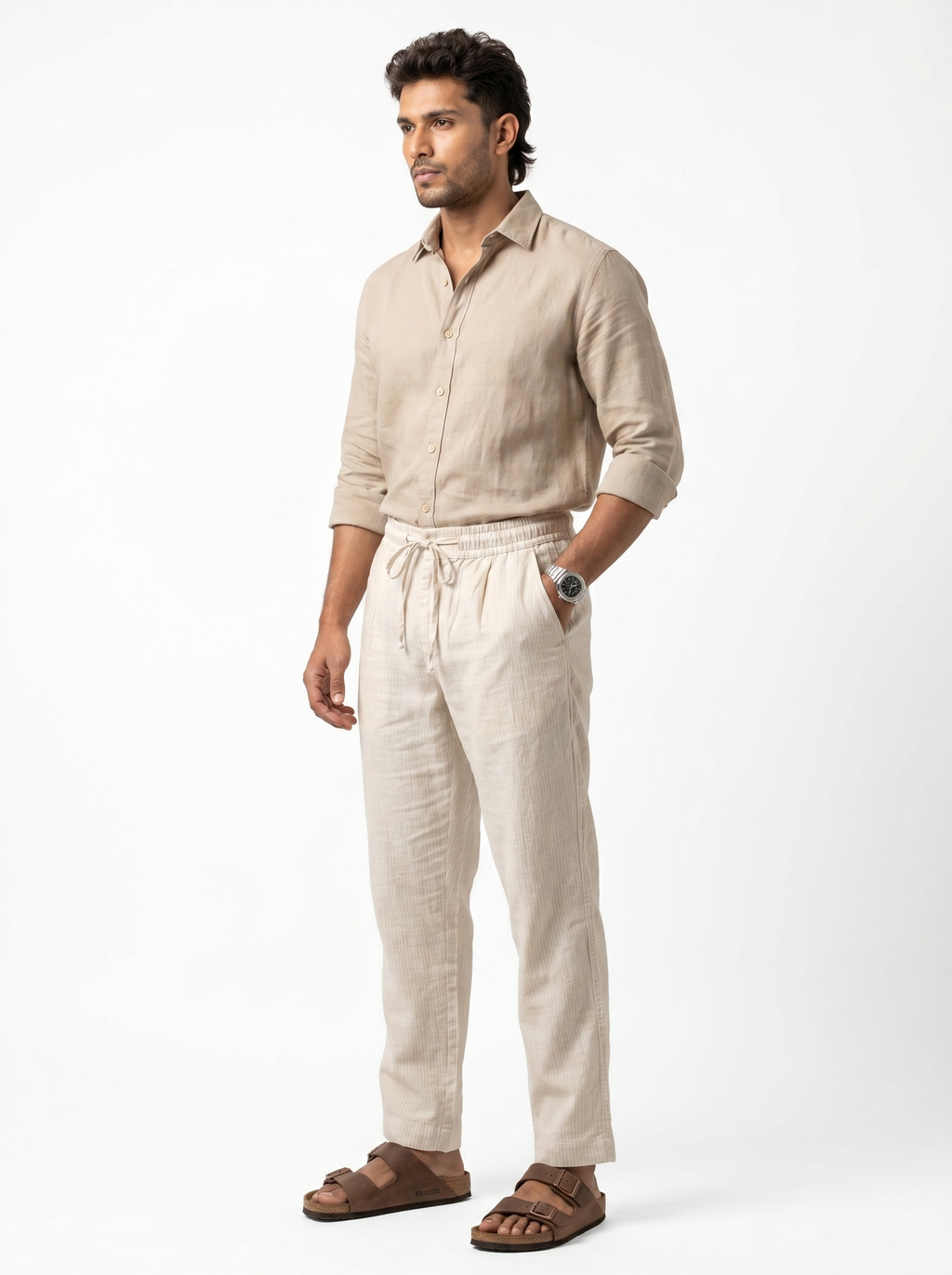 Relaxed Fit Linen Stripe Pants - Beige