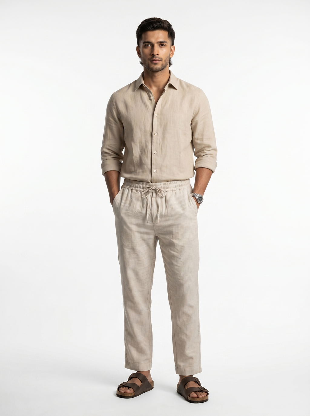 Relaxed Fit Linen Stripe Pants - Beige