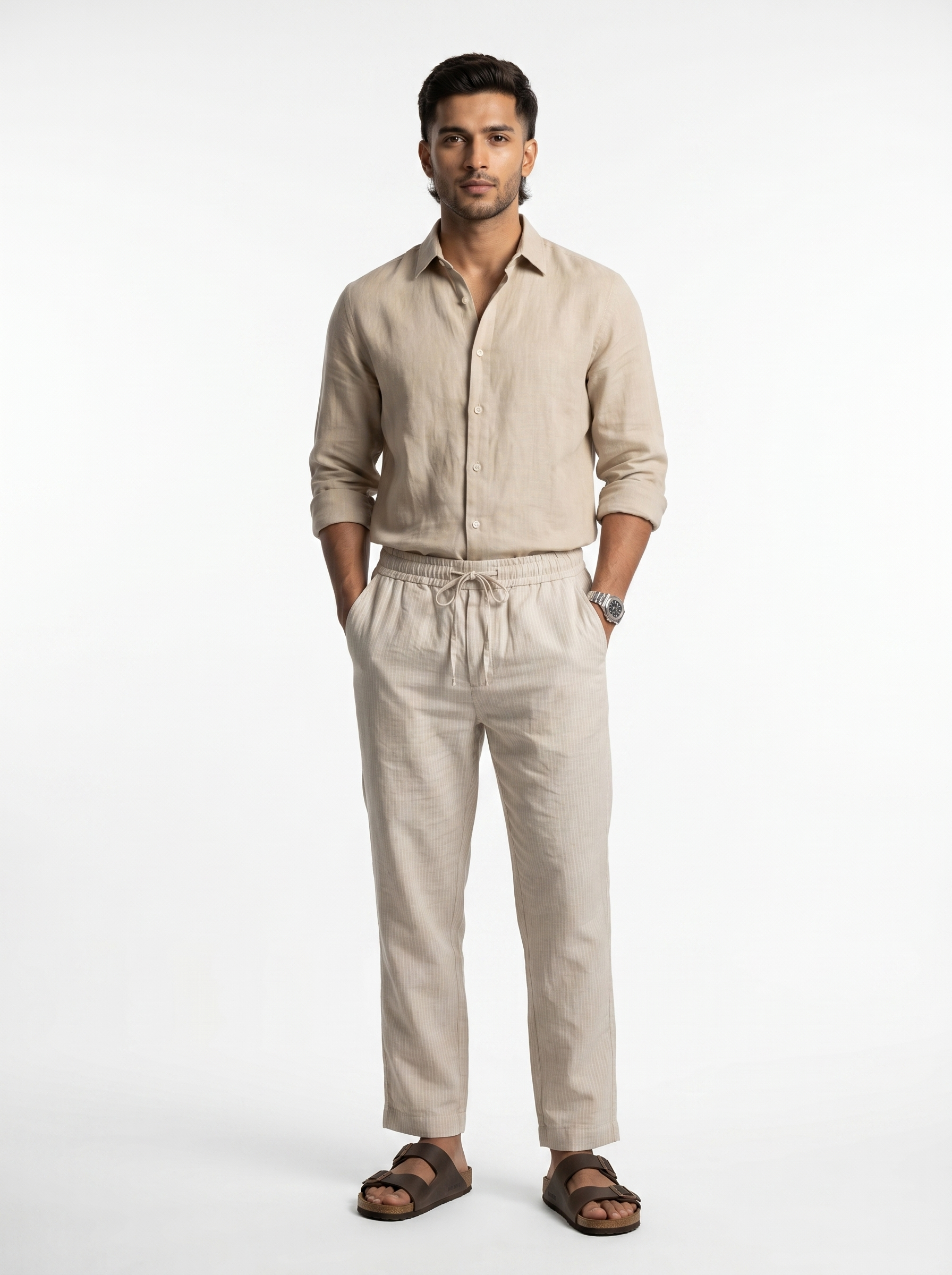 Relaxed Fit Linen Stripe Pants - Beige
