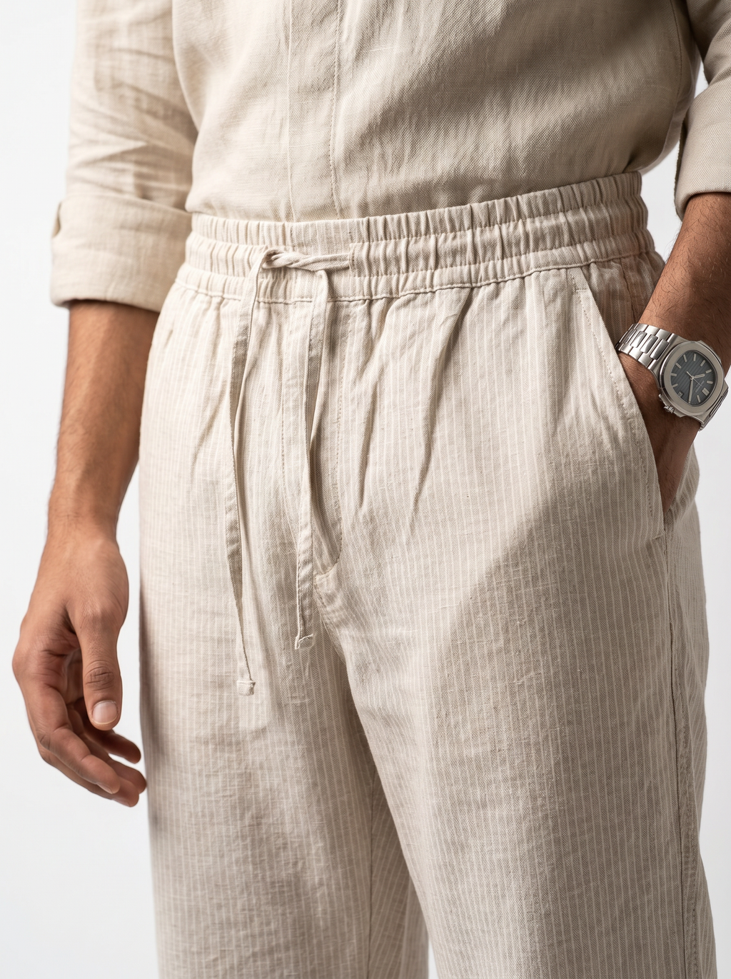 Relaxed Fit Linen Stripe Pants - Beige
